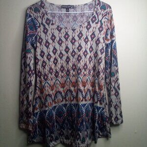 Living Doll Blouse Shirt S Long Sleeve Patterned Tan Blue